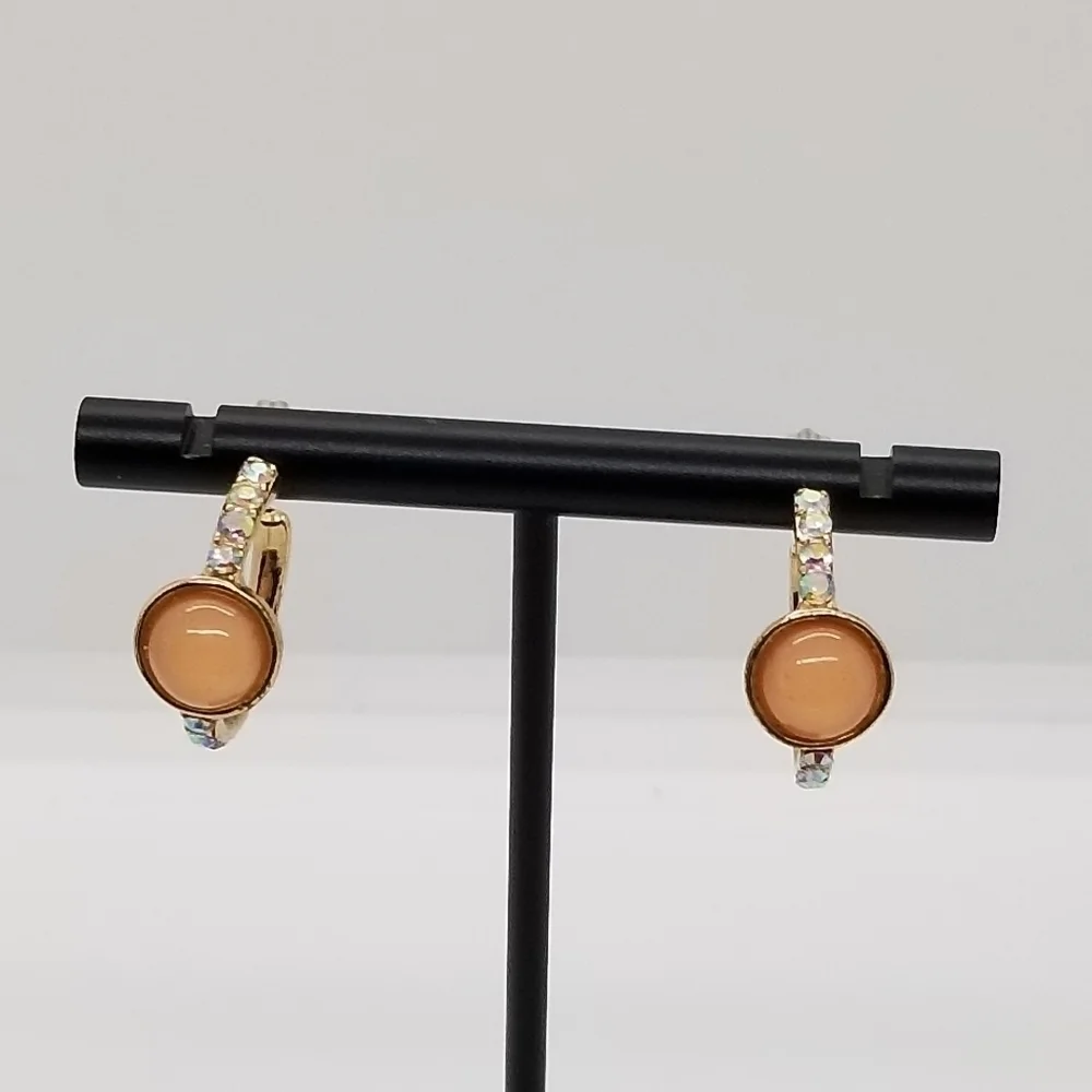 gold tone hoop earrings with pink cabochon and AB rhinestones